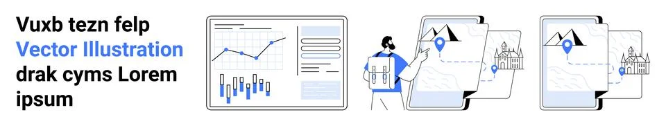 Data graphs on a screen, person with a chart, two document stacks with locati Stock Illustration