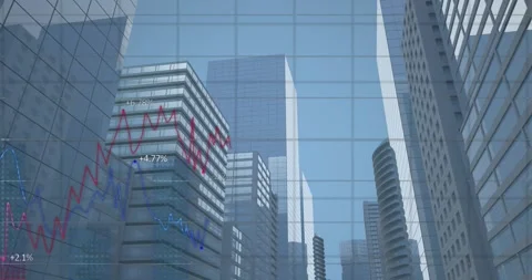 Data-grid appearing, magenta and blue graphs drawing across skyline, annotating Stock Footage 330576964