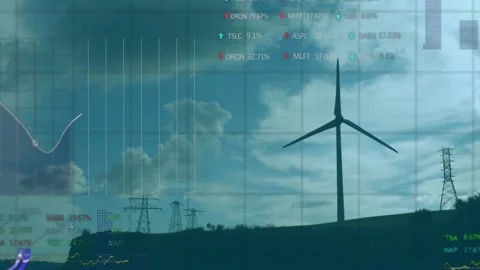 Data grid overlaying hill activating charts with rotating turbine blades Stock Footage 314653775