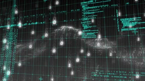 Data grid reacting to camera tilt, showing falling bits and forming particle Stock Footage 330935688