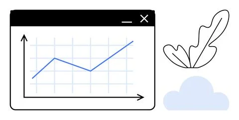 Data Growth Chart in Browser Window with Leaf and Cloud Decor Elements Stock Illustration