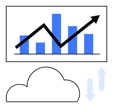 Data Growth Chart with Cloud Computing and Bar Graphs Highlighting Upward Trend 스톡 일러스트