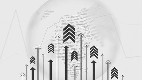 Data growth is shown through arrows and binary code in a digital space with a 库存插图