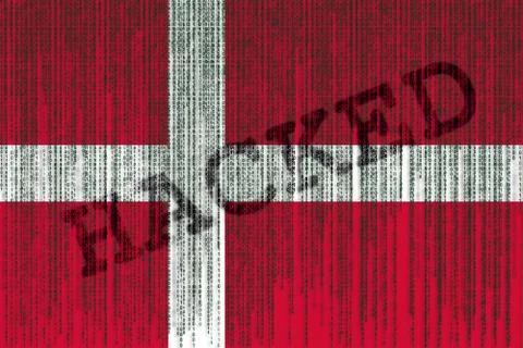Data Hacked Denmark flag. Denmark flag with binary code. Foto stock