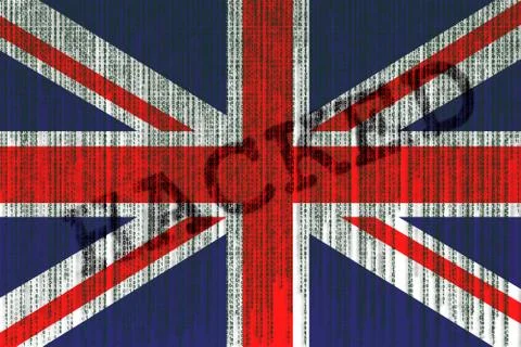 Data Hacked Great Britain flag. Union Jack flag with binary code. Foto stock