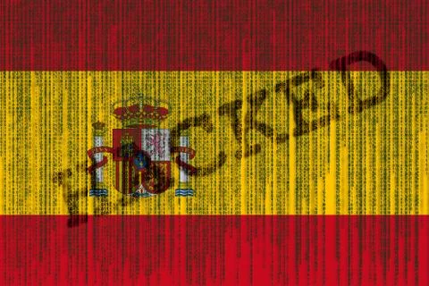 Data Hacked Spain flag. Spain flag with binary code. 写真素材