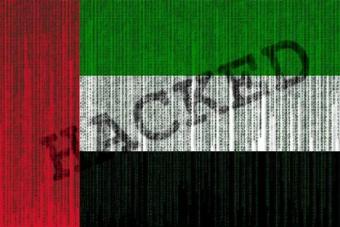 Data Hacked UAE flag. United Arab Emirates flag with binary code. 스톡 사진