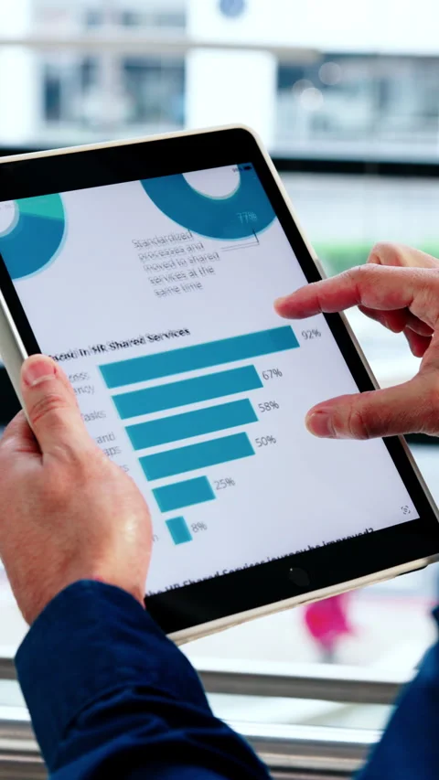 Data, hands and HR management with man scrolling tablet screen in office for Stock Footage 349034594