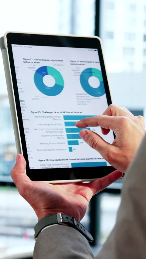Data, hands and human resources management with tablet screen in office for Stock Footage 349035335