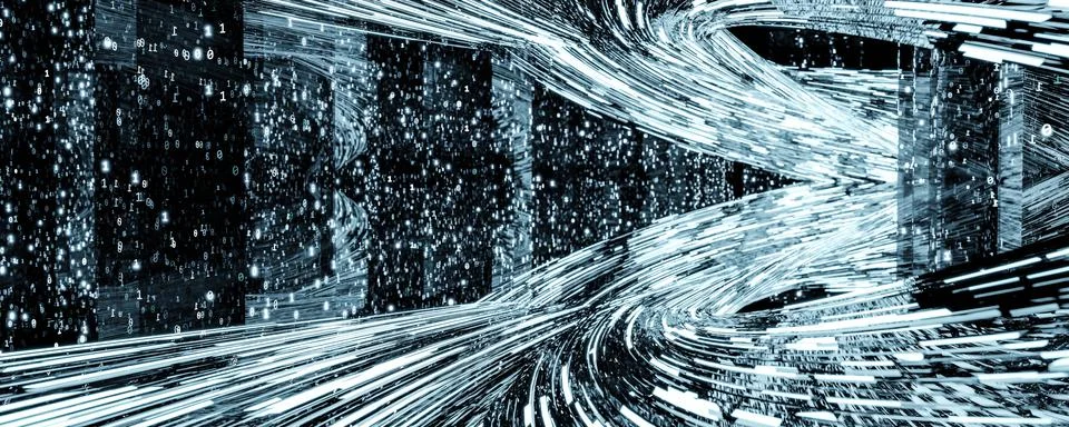 Data highway concept visualization with binary program code and glowing fibres Stock Illustration