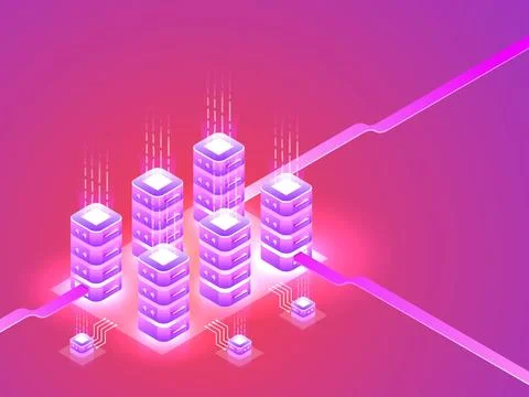 Data Hosting banner design with high speed data servers on glossy pink back.. Stock Illustration