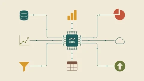Data hub integration concept with a central processor chip connected by circuit 動画素材 344553190