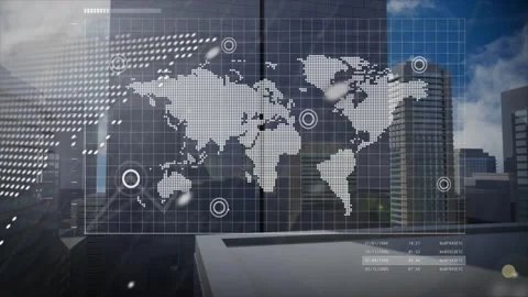 Data HUD animating from glass map starting console text, tracing line chart, Stock Footage 323118994