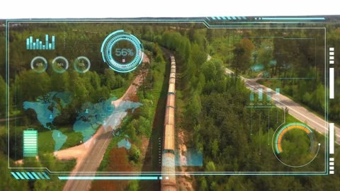 Data HUD drone following a train, on summer countryside - 3d render Stock Footage 157621817