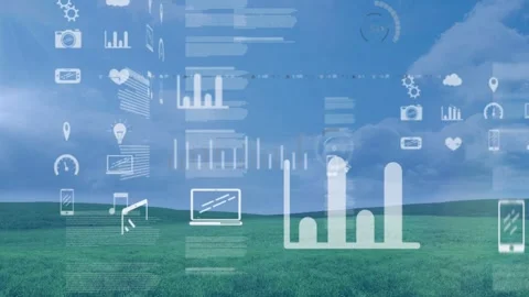 Data HUD sliding over field, data feed arriving animating charts, laptop, radar Stock Footage 332523195