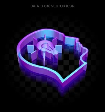 Data icon: 3d neon glowing Head With Lightbulb made of glass, EPS 10 vector Illustrazione stock