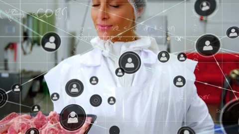 Data icon appearing, worker holding raw meat tray, icons clustering spreading, Stock Footage 331048502