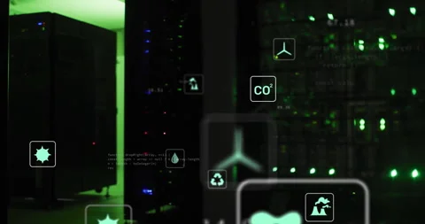 Data icons floating and transforming over server racks after startup, showing Stock Footage 312230011
