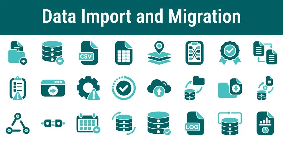 Data Import and Migration Workflow Database Transfer Icons Illustrazione stock