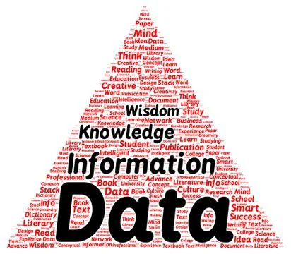 Data information knowledge wisdom word cloud shape Illustrazione stock