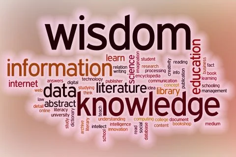 Data information knowledge wisdom word cloud with abstract background Illustrazione stock