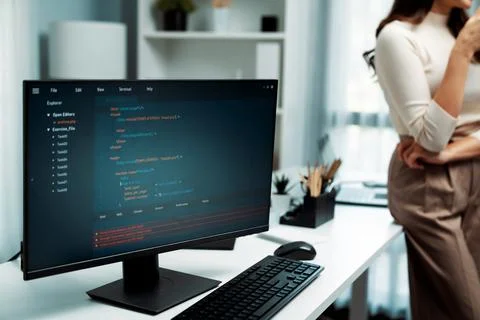 Data information showing PC on desk, IT developer woman leaning back. Postulate. 스톡 사진