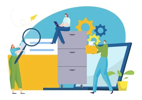 Data information storage, vector illustration, flat tiny man woman character 스톡 일러스트
