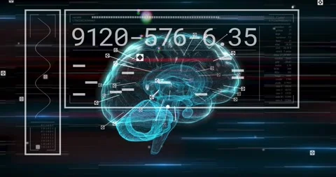 On data input cyan hologram brain rotating pulsing lighting nodes updating Stock Footage 328469764