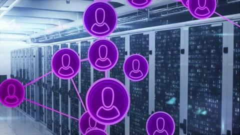 Data input driving purple user nodes over server racks, linking magenta lines, Stock Footage 331872512