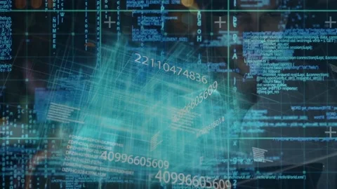 Data input driving rotating turquoise cube on clear code panel, analyst Stock Footage 331227641