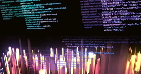 On data input glowing pillars pulsing and shifting while code text changing Stock Footage 321550134