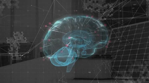 On data input, holographic brain model appearing, rotating, revealing magenta Stock Footage 318240018