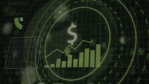 Data input initiating financial analytics HUD, central dollar staying anchored Stock Footage 333193343