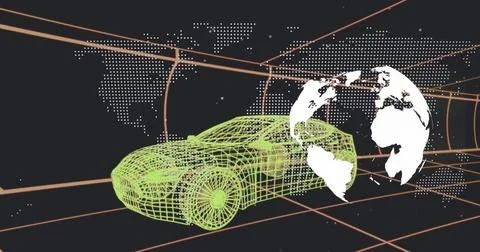 On data input, neon green wireframe car racing through tunnel, mapping global Stock Photos
