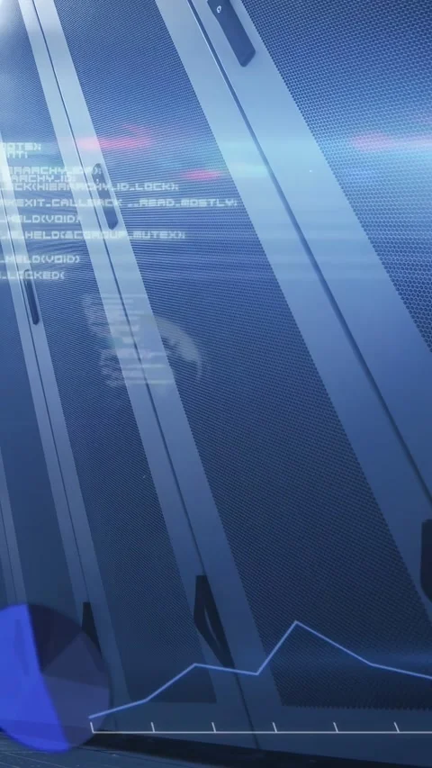 On data input, server racks showing overlaid line graph, scrolling code, growing Vidéo 333020618