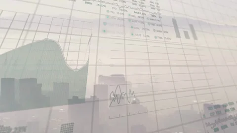 Data input starting grid overlay fading over hazy skyline aligning charts Stock Footage 332577469