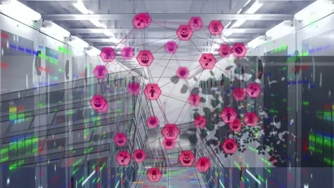 Data input starting network map projecting over server aisle pulsing pink nodes Stock Footage 332843839
