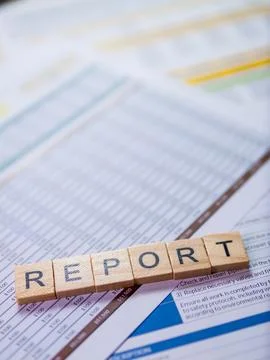 Data insights from business report analysis a close-up office workspace doc.. Stock Photos