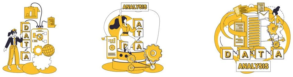 Data integration. Data processing, craftsmans workshop, refines raw materia.. Stock Illustration