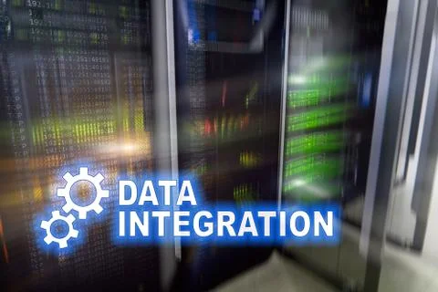 Data integration information technology concept on server room background. Illustrazione stock