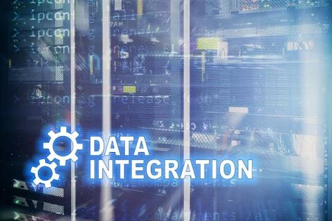 Data integration information technology concept on server room background. Illustrazione stock