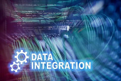 Data integration information technology concept on server room background. Illustrazione stock