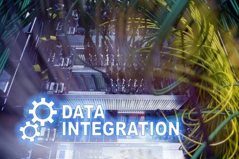 Data integration information technology concept on server room background. Illustrazione stock