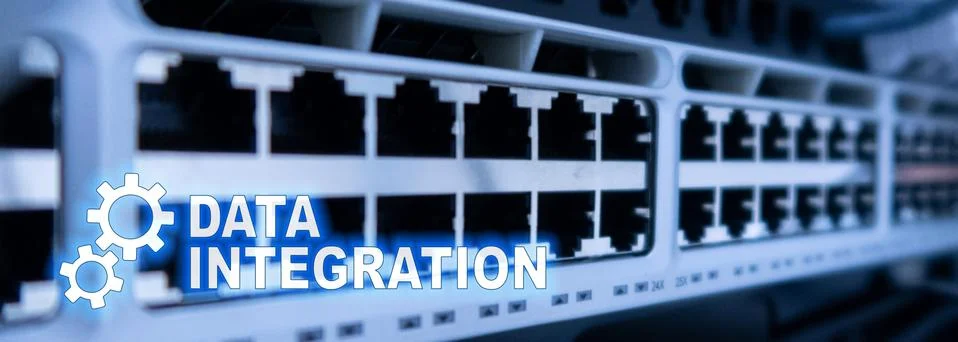 Data integration information technology concept on server room background. Illustrazione stock
