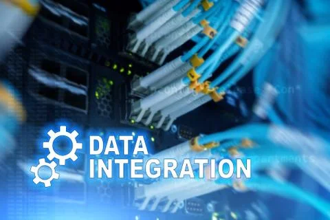 Data integration information technology concept on server room background. Foto stock