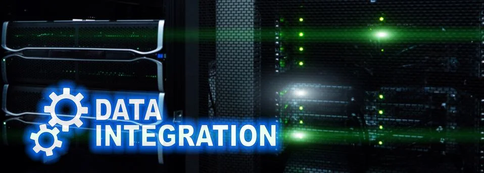 Data integration information technology concept on server room background. Foto stock