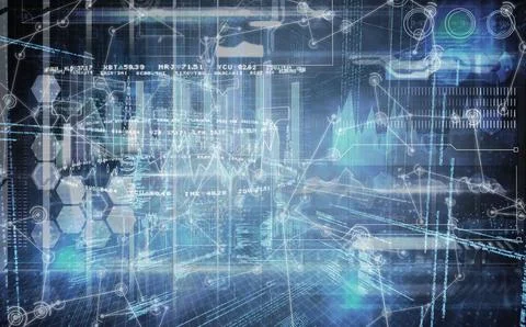 Data interface in 3D render showing line graphs, bar charts and hex grid on 스톡 일러스트