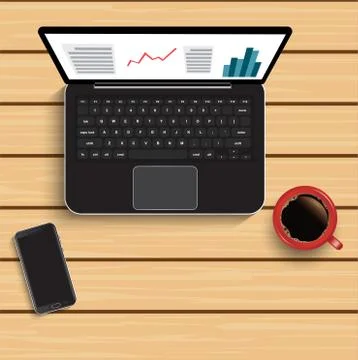 Data interface against high angle view of laptop with notepad and cup of coff Stock Illustration