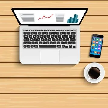 Data interface against high angle view of laptop with notepad and cup of co.. Stock Illustration