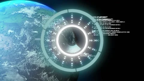 Data interface fading in over rotating Earth, sweeping wedge scanning surface Stock Footage 318259920